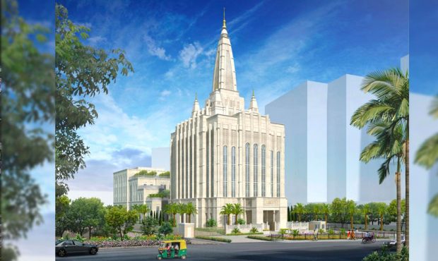 Rendering of the Bengaluru India Temple. (Courtesy Intellectual Reserve, Inc.)...