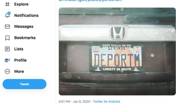 Tweet including photo of DEPORTM Utah license plate (courtesy Twitter)...