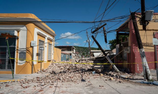 Rubble covers the street after a 6.4 earthquake hit just south of the island on January 7, 2020 in ...
