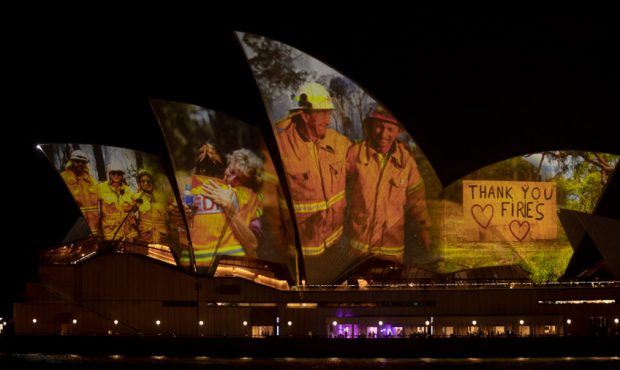 SYDNEY, AUSTRALIA - JANUARY 11: Images taken during the ongoing bushfire crisis are projected on th...