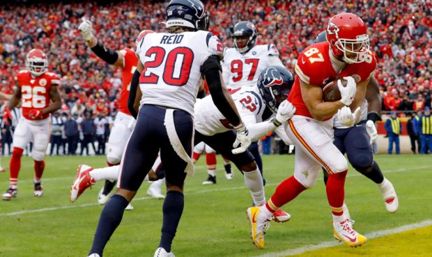Travis Kelce #87 of the Kansas City Chiefs runs in for a touchdown in the second quarter of the AFC...