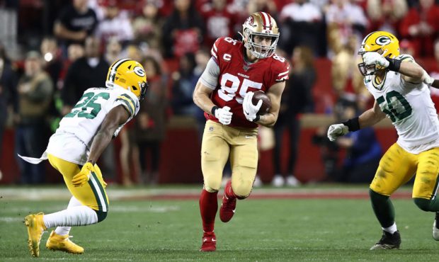 George Kittle #85 of the San Francisco 49ers runs after a catch against the Green Bay Packers durin...