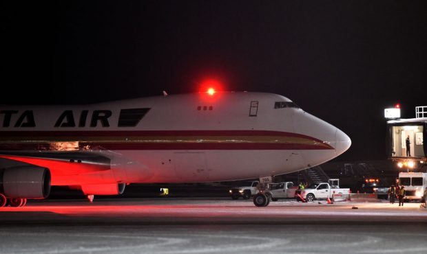 A Boeing 747-4B5(F), on a charter flight from Wuhan, China, arrives at Ted Stevens Anchorage Intern...