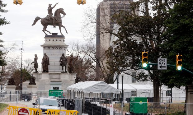 Barriers are set up at the Virginia State Capitol in Richmond on Saturday, Jan. 18, 2019, in antici...