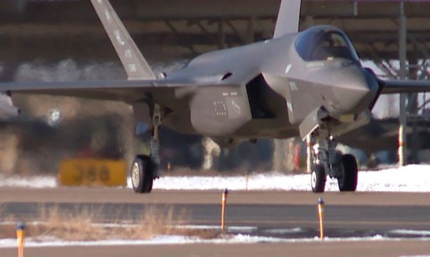 An F35 waits on the runway at Hill Air Force Base in Utah during a training exercise on Jan. 8, 202...