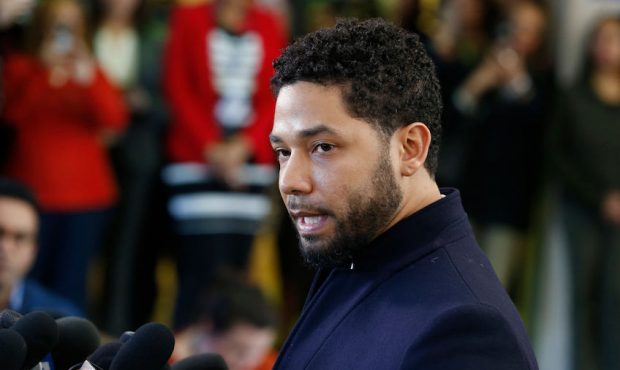 Actor Jussie Smollett speaks with members of the media in March 26, 2019 in Chicago, Illinois. (Pho...