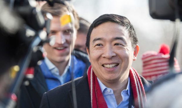 HOPKINTON, NH - FEBRUARY 09:  Democratic presidential candidate Andrew Yang is interviewed outside ...