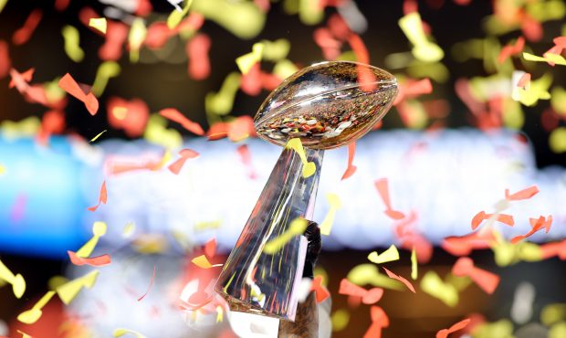 MIAMI, FLORIDA - FEBRUARY 02: A general view of the Vince Lombardi Trophy after the Kansas City Chi...