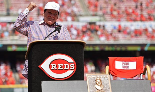Former Cincinnati Reds and Major League Baseball all-time hits leader Pete Rose speaks during his i...