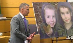 Attorney Ted Buck delivers opening statements to a jury while standing in front of a large photo print of Braden and Charlie Powell on Feb. 18, 2020.