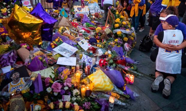 Lakers fans pay their respects at a Staples Center memorial to NBA legend Kobe Bryant, who was kill...