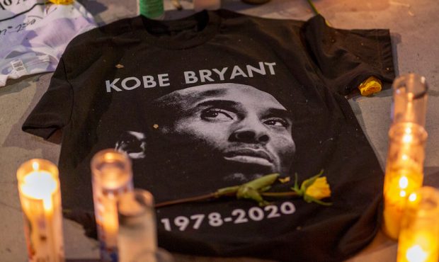 A makeshift memorial is shown near Staples Center in remembrance of former NBA great Kobe Bryant wh...
