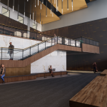 The four-story, 170,000-square-foot building will be located at the south end of the parking lot east of the BYU Law School and will feature a 1,000-seat Vineyard-style concert hall. (BYU)