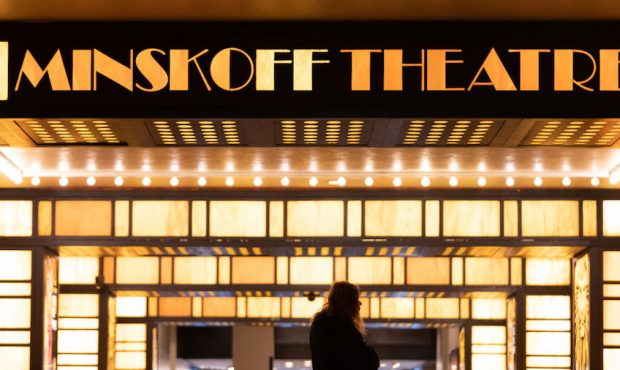 A signage of Minskoff Theatre is seen near Times Square on March 10, 2020 in New York City. There a...