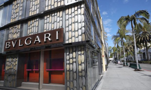 A shuttered Bulgari store stands on iconic Rodeo Drive on March 18, 2020 in Beverly Hills, Californ...