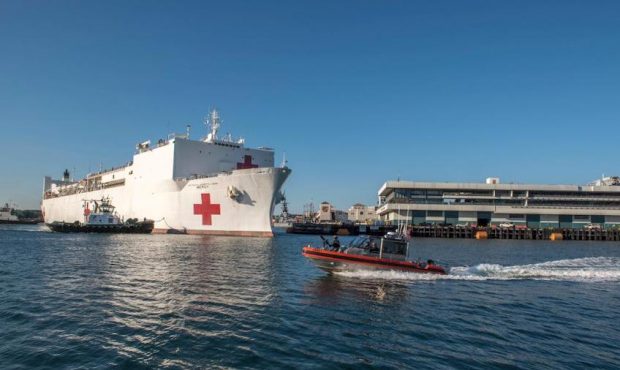 The USNS Mercy arrives at the Port of Los Angeles on March 27, 2020. (U.S. Navy/Twitter)...