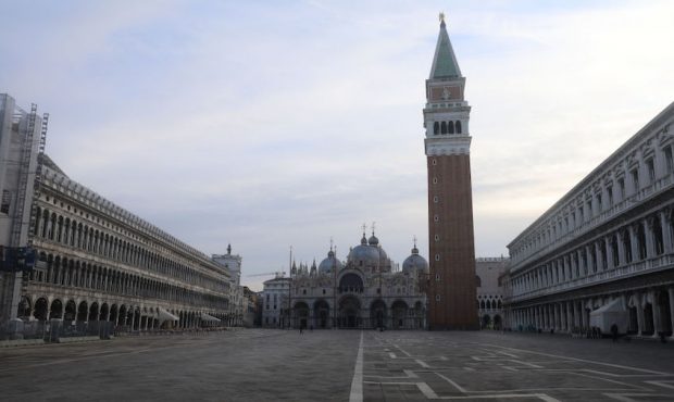 VENICE, ITALY - MARCH 9: A completely empty San Marco Square is seen on March 9, 2020 in Venice, It...
