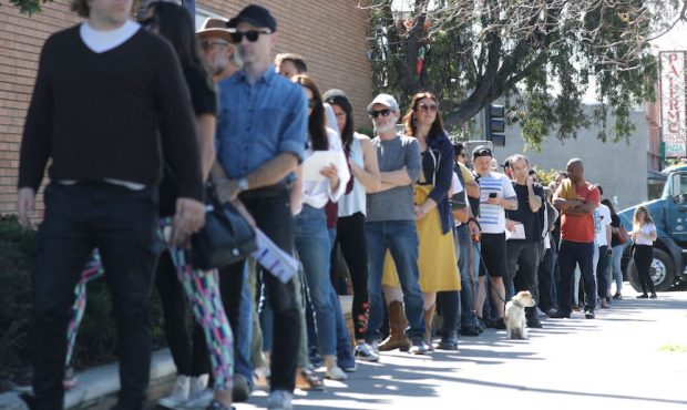 LOS ANGELES,  - MARCH 03: Voters wait in line to cast their ballots at a vote center at a Masonic L...