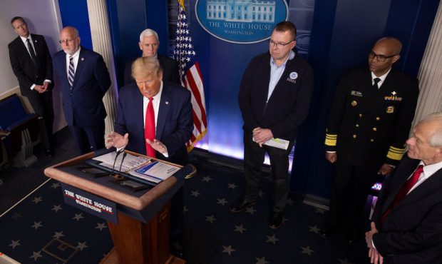 U.S. President Donald Trump speaks at the daily coronavirus briefing joined by Dr. Robert Redfield,...