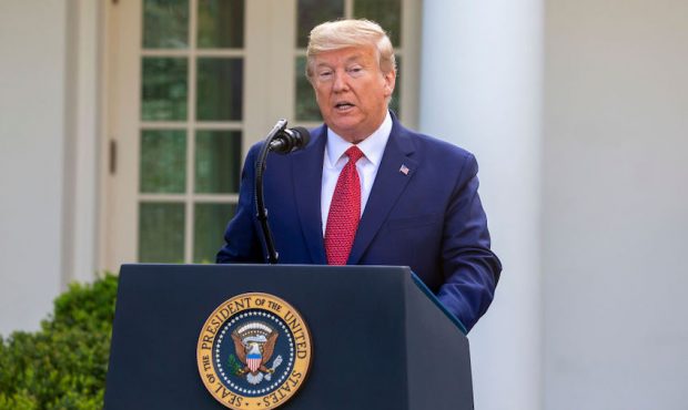 U.S. President Donald Trump speaks in the Rose Garden for the daily coronavirus briefing at the Whi...