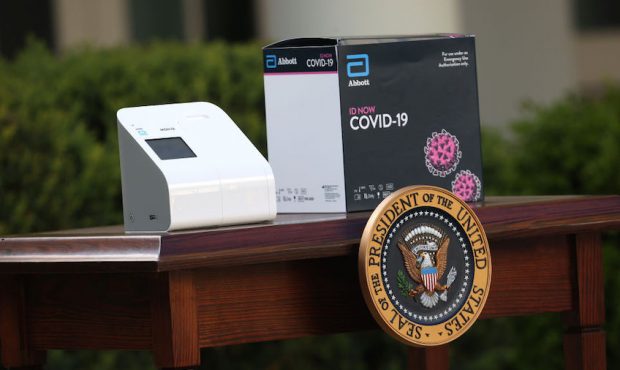 WASHINGTON, DC - MARCH 30:  A new COVID-19 test kit developed by Abbott Labs is placed on a table d...