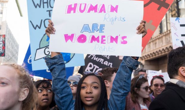 An activist participates in the Women's March Los Angeles 2018 on January 20, 2018 in Los Angeles, ...