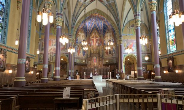 The Cathedral of the Madeleine in Salt Lake City was empty Sunday due to coronavirus concerns and r...