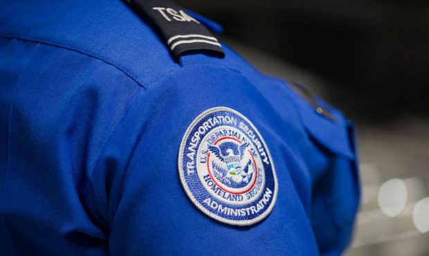 A Transportation Security Administration (TSA) agent's patch is seen as she helps travelers place t...