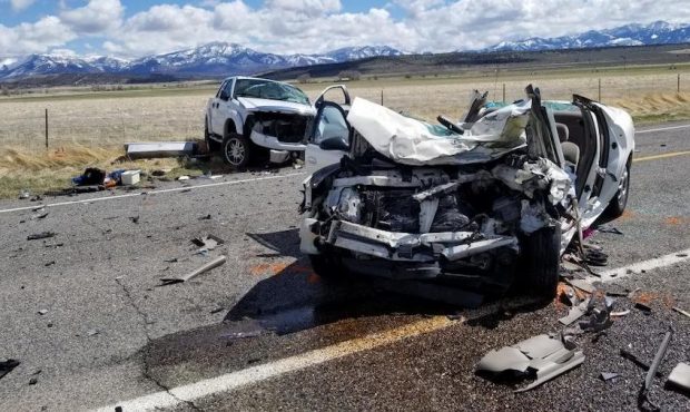 The driver of the Buick Century, right, was killed in a head-on crash Monday near Fillmore. (Utah H...