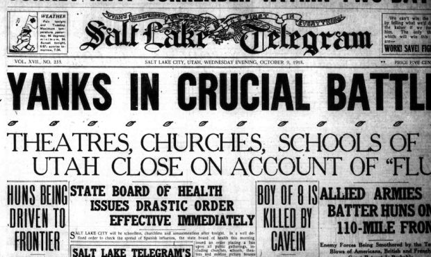 Oct. 9, 1918 issue of Salt Lake Telegram details the immediate closure of theaters, churches and sc...