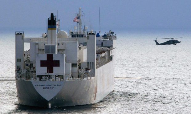 The Military Sealift Command (MSC) hospital ship USNS Mercy is seen after arriving February 3, 2005...
