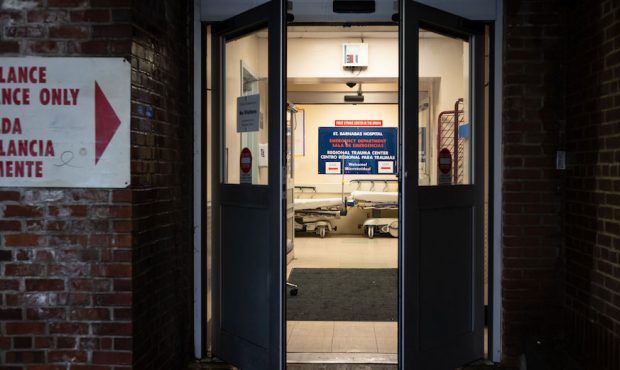 Doors leading into the Emergency Department, St. Barnabas Hospital in the Bronx on March 23, 2020 i...