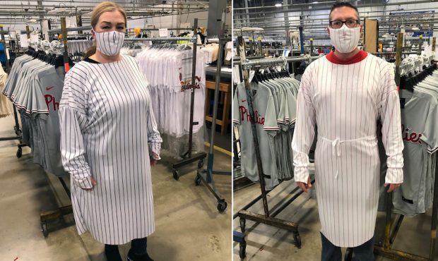 An example of a hospital gown and mask made from baseball jersey fabric. (Fanatics)...