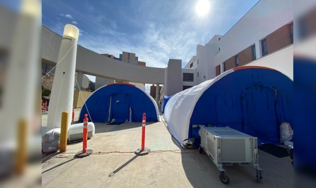 Triage tents have been set up at the University of Utah Hospital in Salt Lake City. (Meghan Thackre...