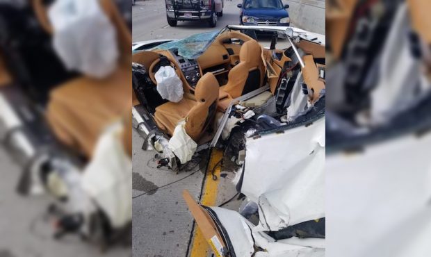 The driver of this white Aston Martin was killed in a crash on SR-210, according to the Utah Highwa...