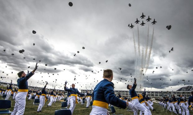 COLORADO SPRINGS, CO - APRIL 18: Spaced eight feet apart, United States Air Force Academy cadets ce...