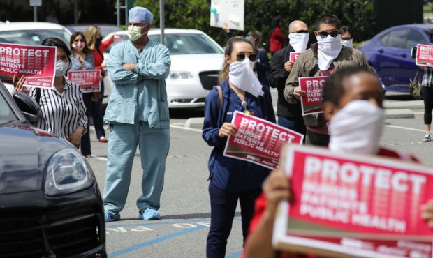 ORANGE, CALIFORNIA - APRIL 03: Nurses and supporters protest the lack of personal protective gear a...