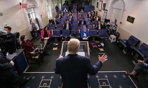U.S. President Donald Trump speaks to reporters following a meeting of the coronavirus task force i...