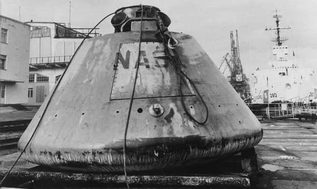 15th September 1970: The Apollo boilerplate capsule BP-1227 at the docks at Murmansk after being re...