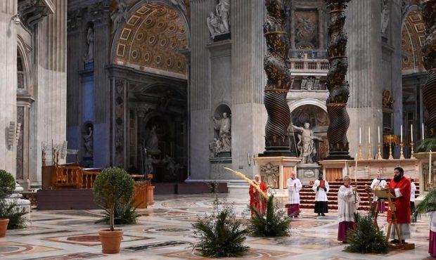 Pope Francis celebrates Palm Sunday mass behind closed doors at the Chair of Saint Peter in St. Pet...