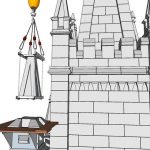 An artist's rendering shows how a crane will remove stones that were displaced from the Salt Lake Temple during the earthquake in March 2020. (Intellectual Reserve, Inc.)