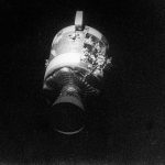 AS13-59-8500A (17 April 1970) --- This view of the severely damaged Apollo 13 Service Module (SM) was photographed from the Lunar Module/Command Module (LM/CM) following SM jettisoning. As seen in this cropped image, enlarged to provide a close-up view of the damaged area, an entire panel on the SM was blown away by the apparent explosion of oxygen tank number two located in Sector 4 of the SM. Two of the three fuel cells are visible just forward (above) the heavily damaged area. Three fuel cells, two oxygen tanks, and two hydrogen tanks are located in Sector 4. The damaged area is located above the S-Band high gain antenna. Nearest the camera is the Service Propulsion System (SPS) engine and nozzle. The damage to the SM caused the Apollo 13 crew members to use the LM as a "lifeboat". The LM was jettisoned just prior to Earth re-entry by the CM. Photo credit: NASA