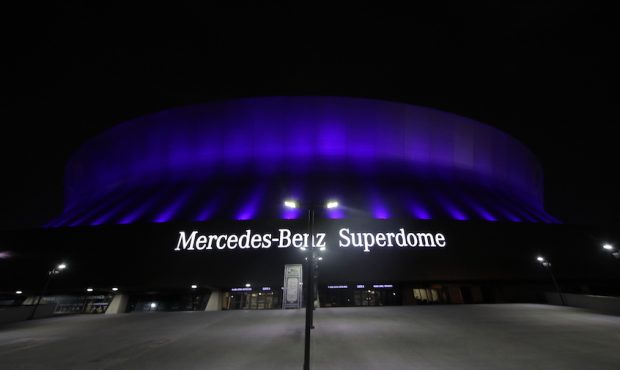 NEW ORLEANS, LA - APRIL 09: The Mercedes-Benz Superdome is lit up blue on April 09, 2020 in New Orl...