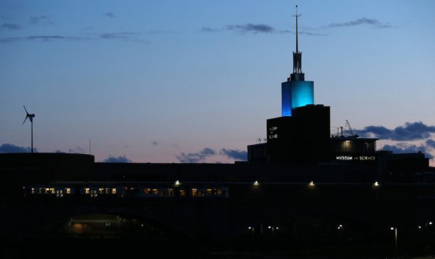 CAMBRIDGE, MASSACHUSETTS - APRIL 16: The Museum of Science lit in blue on April 16, 2020 in Cambrid...