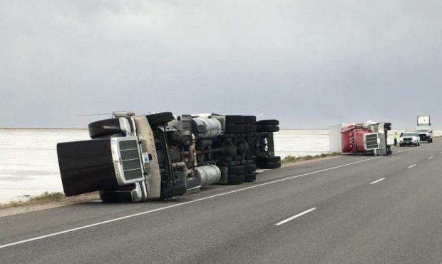 Two of three semi-trucks that were blown over by high winds on I-80 on Tuesday. (Utah Highway Patro...