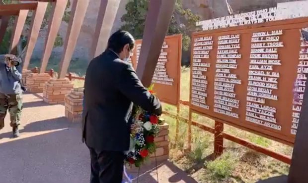 President Jonathan Nez of the Navajo Nation lays a wreath in a veterans memorial in WIndow Rock, Ar...