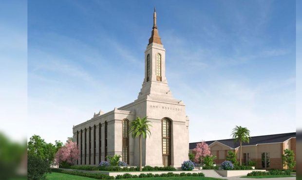 A rendering of the Okinawa Japan Temple. (Image courtesy Intellectual Reserve, Inc.)...