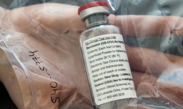 One vial of the drug Remdesivir lies during a press conference about the start of a study with the ...