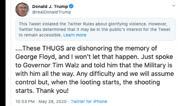 Twitter flagged Pres. Donald's tweet on May 28, 2020, saying it glorified violence....