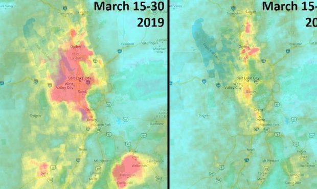 Comparison of NO2 along the Wasatch front from late March in 2019 vs. 2020.  Satellite NO2 observat...
